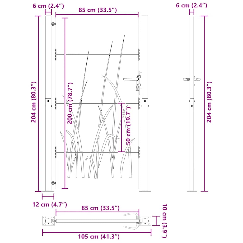 Vrtna vrata 100x200 cm od čelika COR-TEN s uzorkom trave