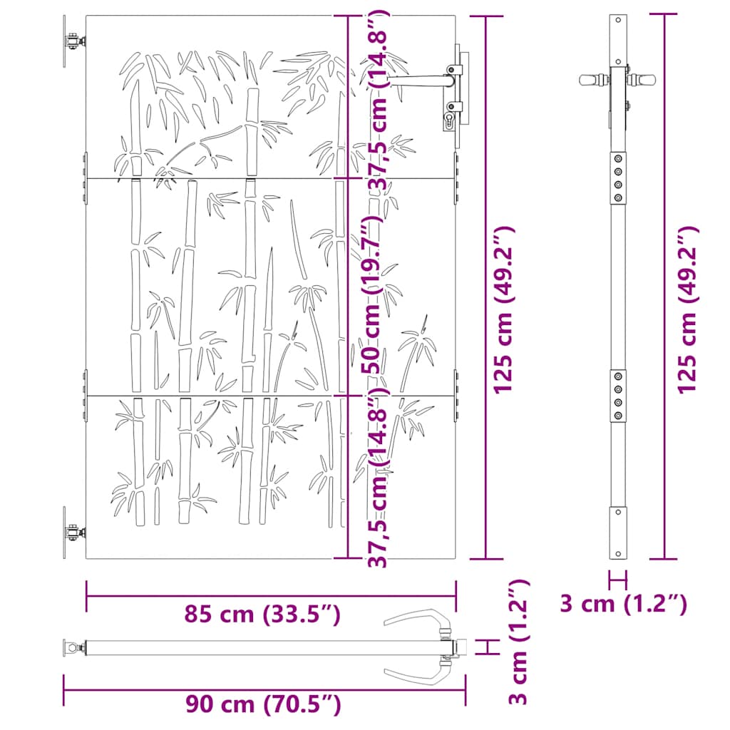 Vrtna vrata 85 x 125 cm od čelika COR-TEN s uzorkom bambusa