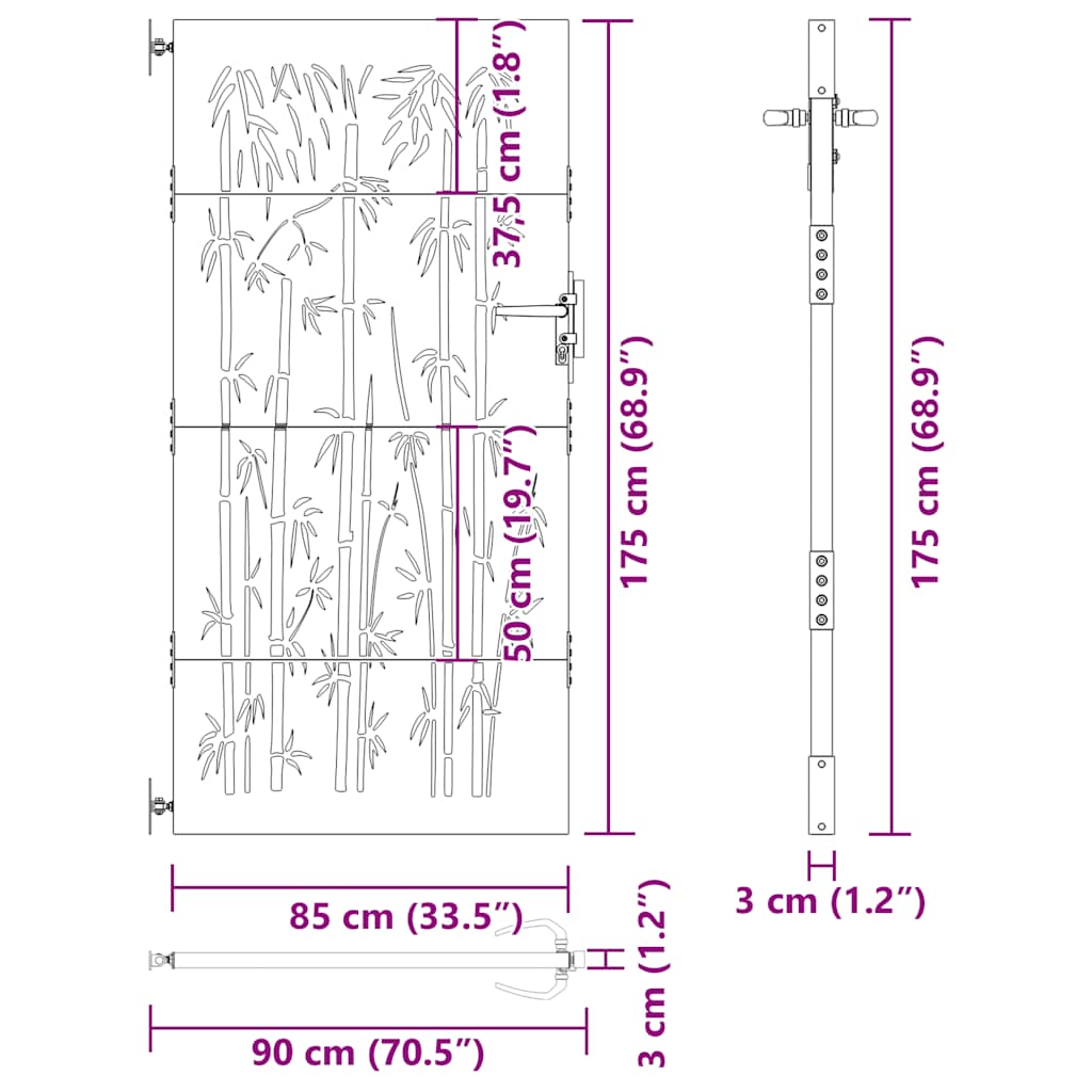 Vrtna vrata 85 x 175 cm od čelika COR-TEN s uzorkom bambusa