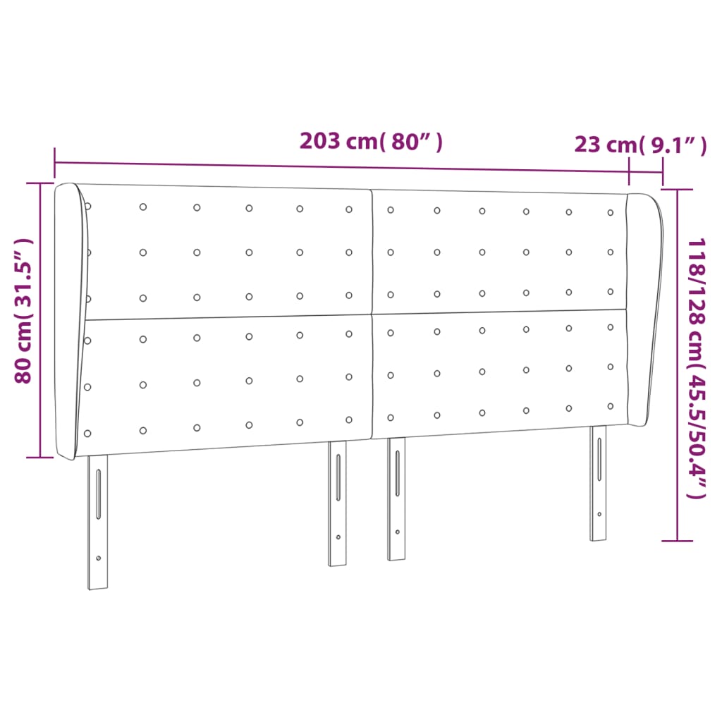 Uzglavlje s ušima crno 203x23x118/128 cm baršunasto