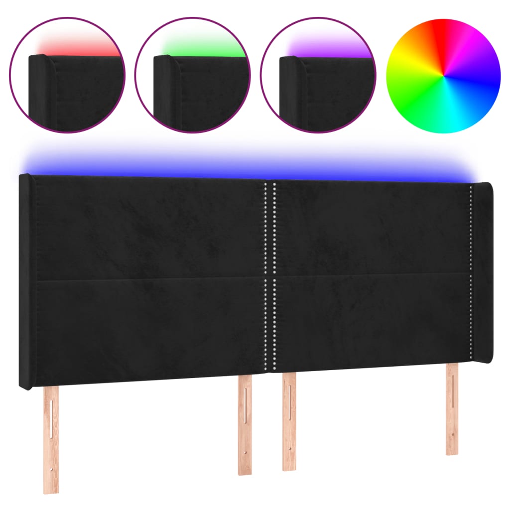 LED uzglavlje crno 183 x 16 x 118/128 cm baršunasto