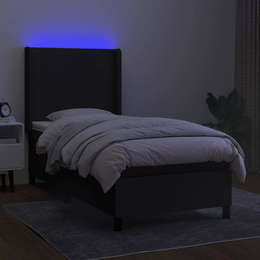 Krevet box spring s madracem LED crni 90x190 cm od tkanine