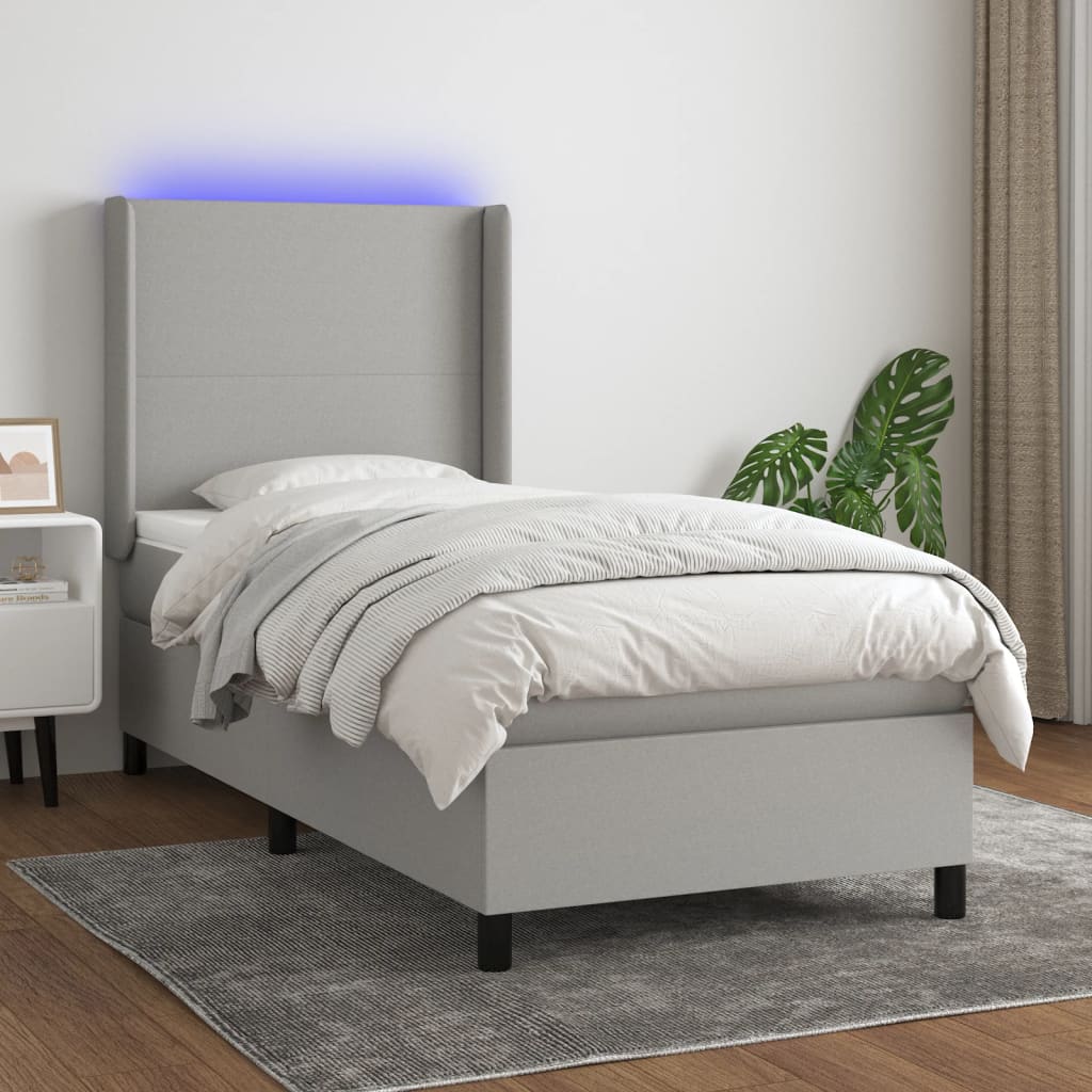 Krevet box spring s madracem LED svjetlosivi 90x200 cm tkanina