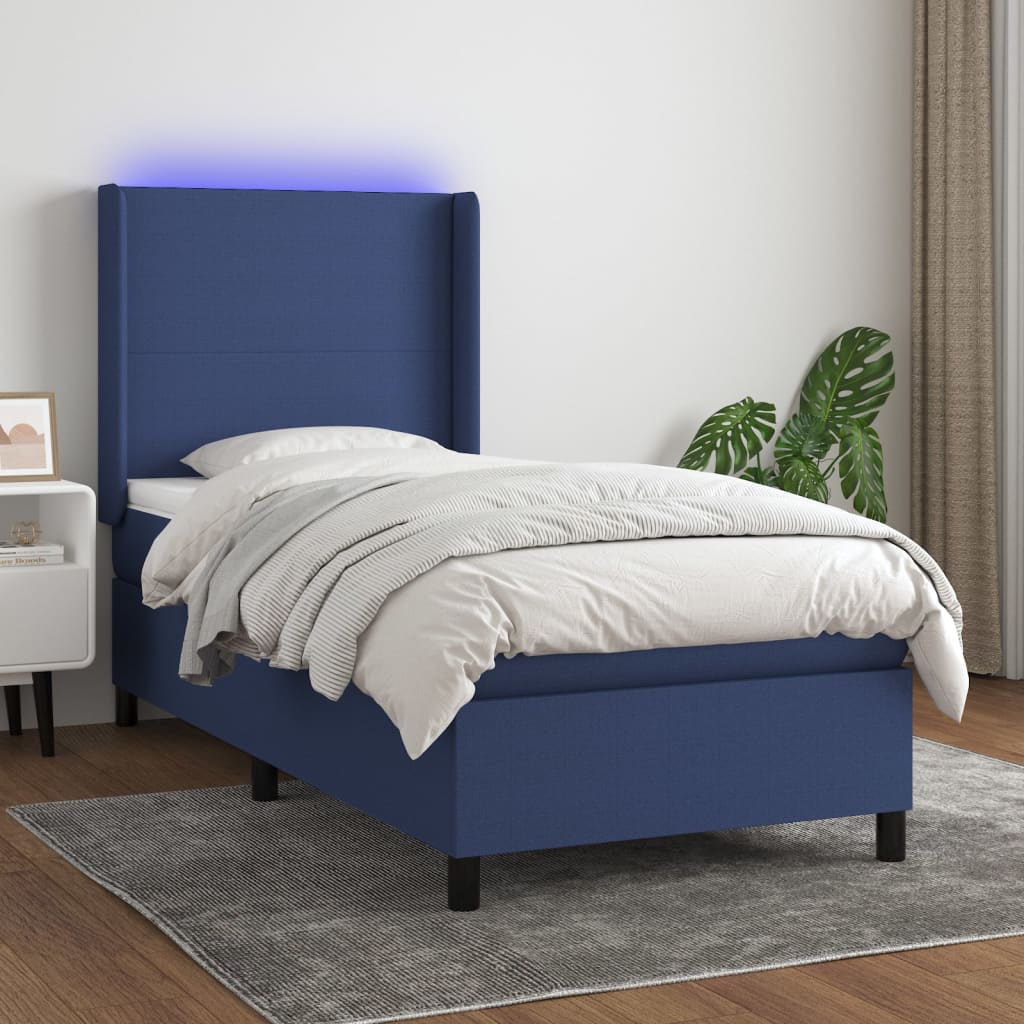 Krevet box spring s madracem LED plavi 90x200 cm od tkanine