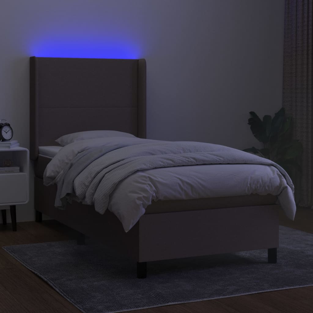 Krevet box spring s madracem LED smeđesivi 100x200 cm tkanina