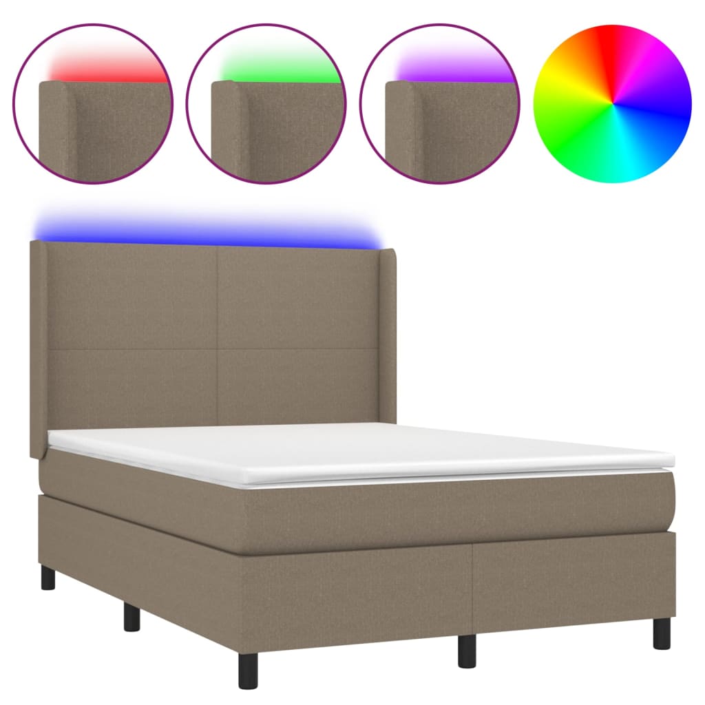 Krevet box spring s madracem LED smeđesivi 140x200 cm tkanina