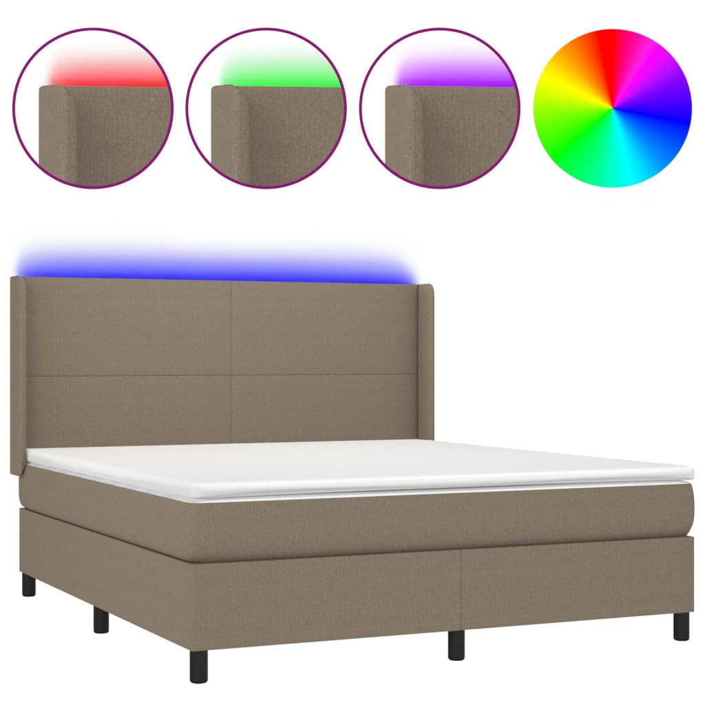 Krevet box spring s madracem LED smeđesivi 180x200 cm tkanina