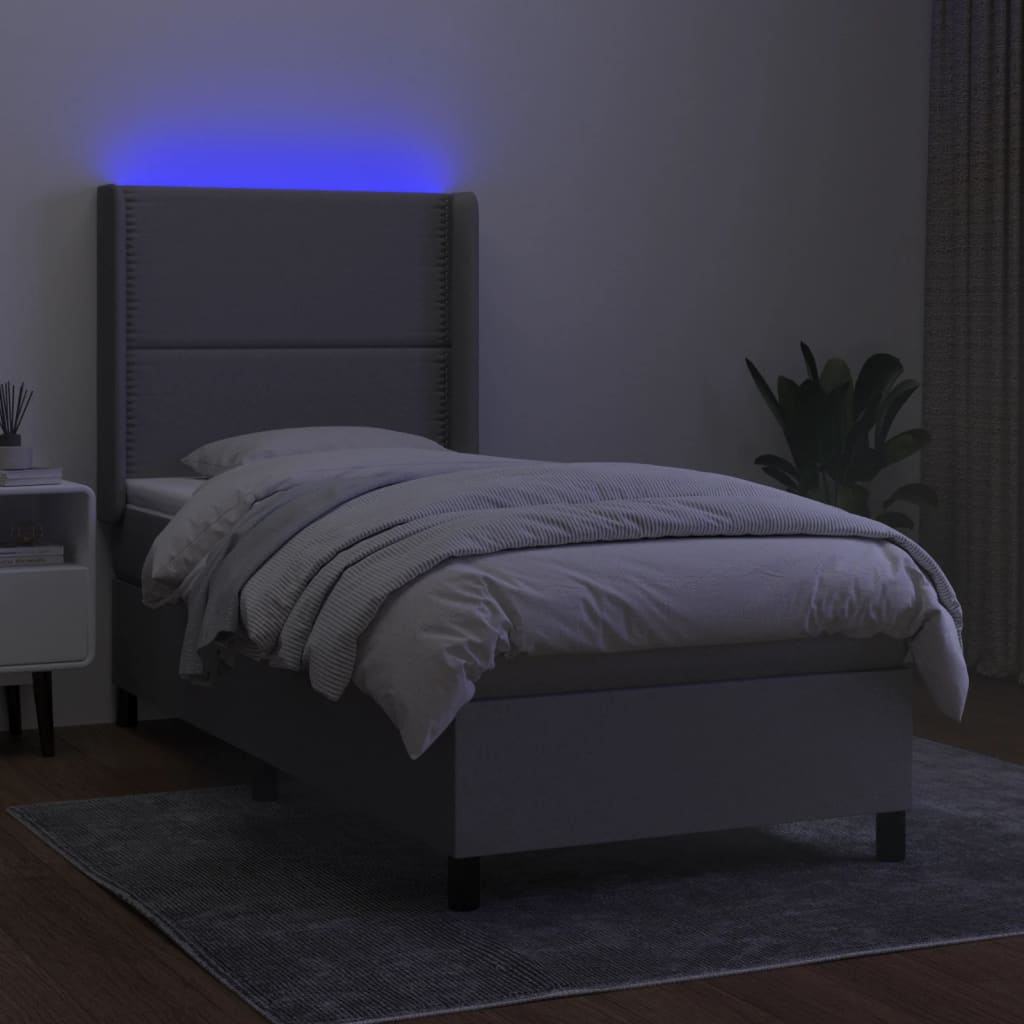 Krevet box spring s madracem LED svjetlosivi 90x190 cm tkanina