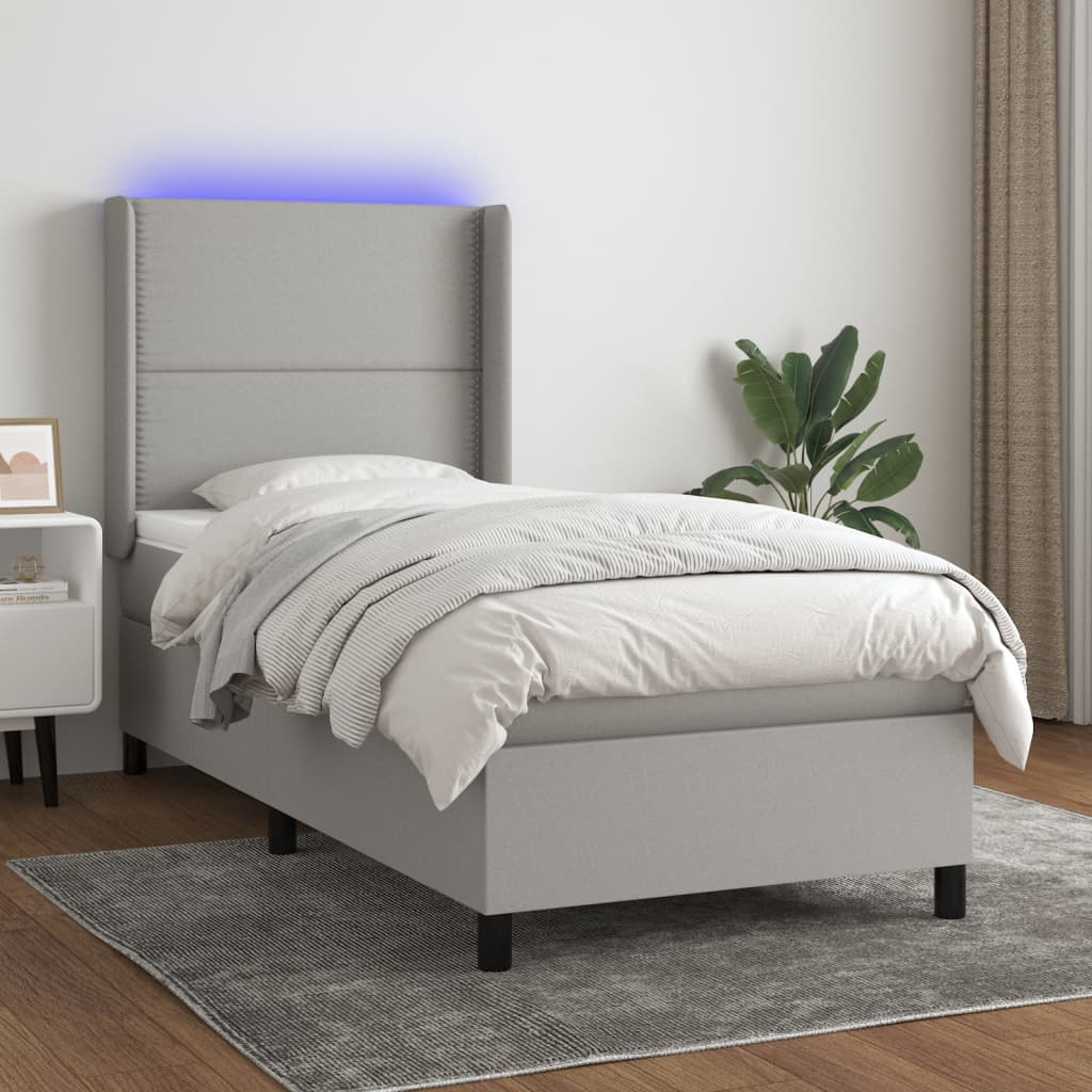 Krevet box spring s madracem LED svjetlosivi 90x200 cm tkanina