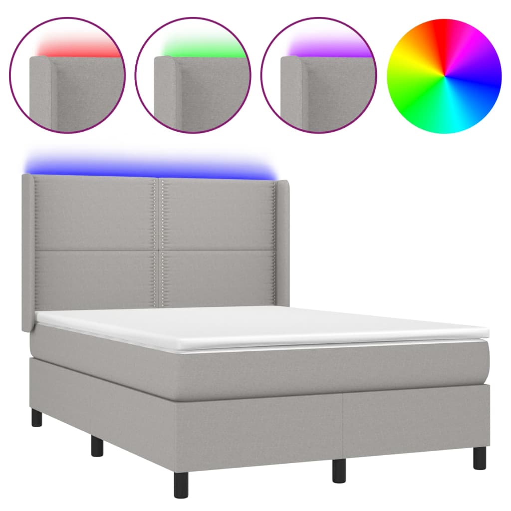Krevet box spring s madracem LED svjetlosivi 140x200 cm tkanina