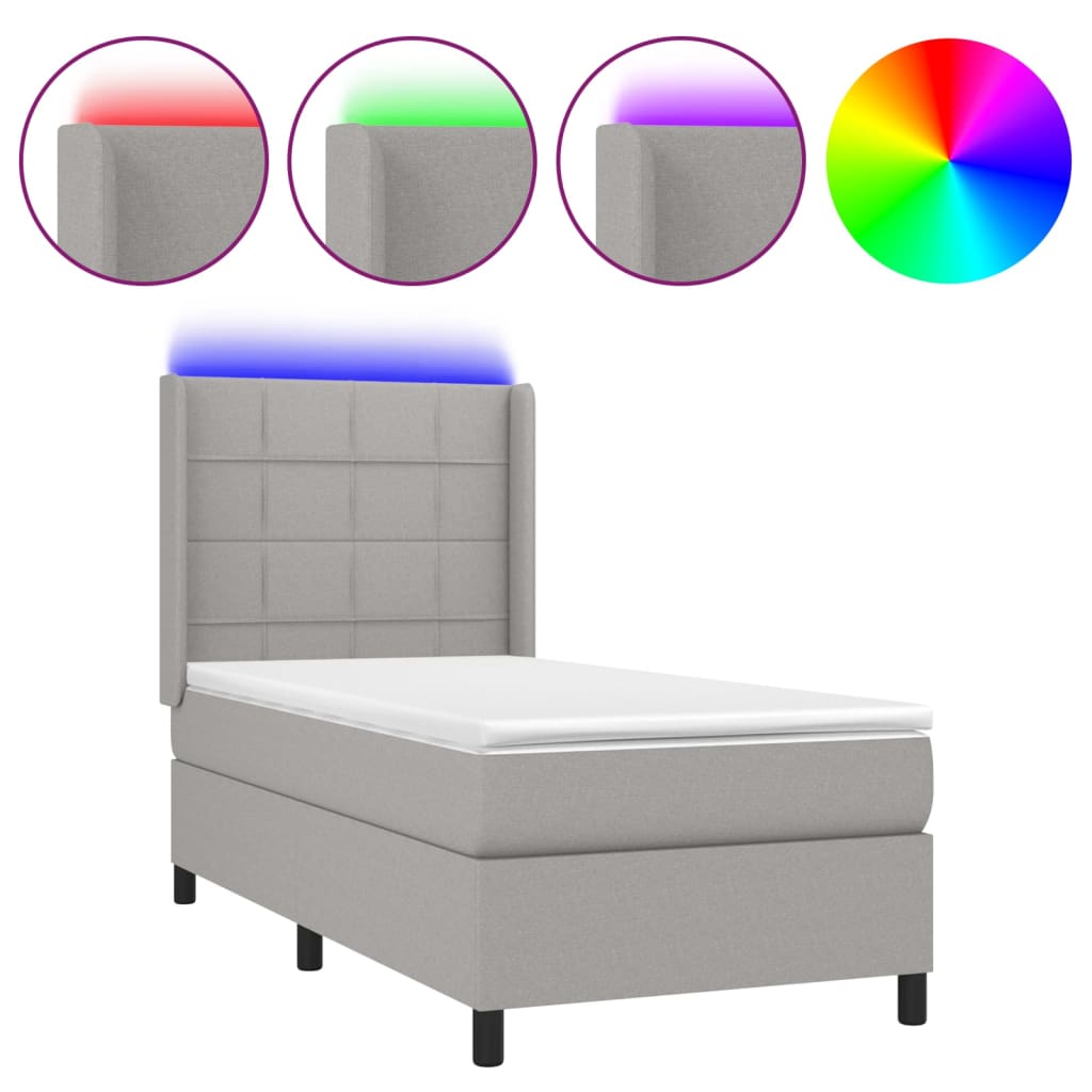 Krevet box spring s madracem LED svjetlosivi 90x200 cm tkanina