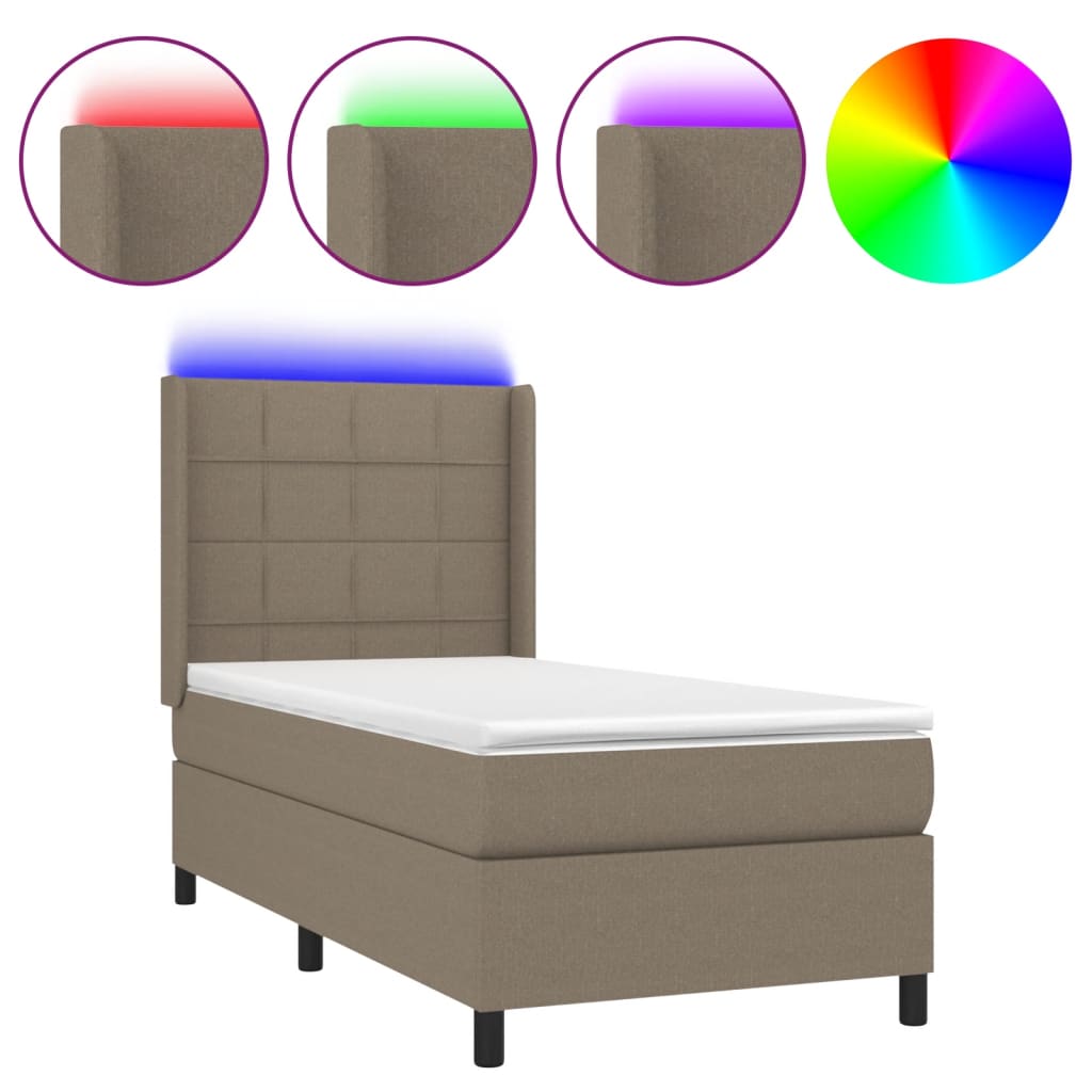 Krevet box spring s madracem LED smeđesivi 90x200 cm tkanina