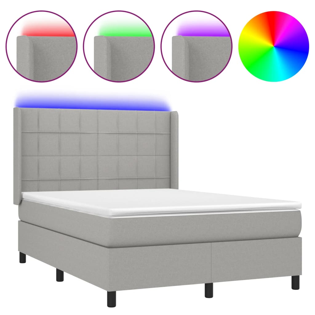 Krevet box spring s madracem LED svjetlosivi 140x200 cm tkanina