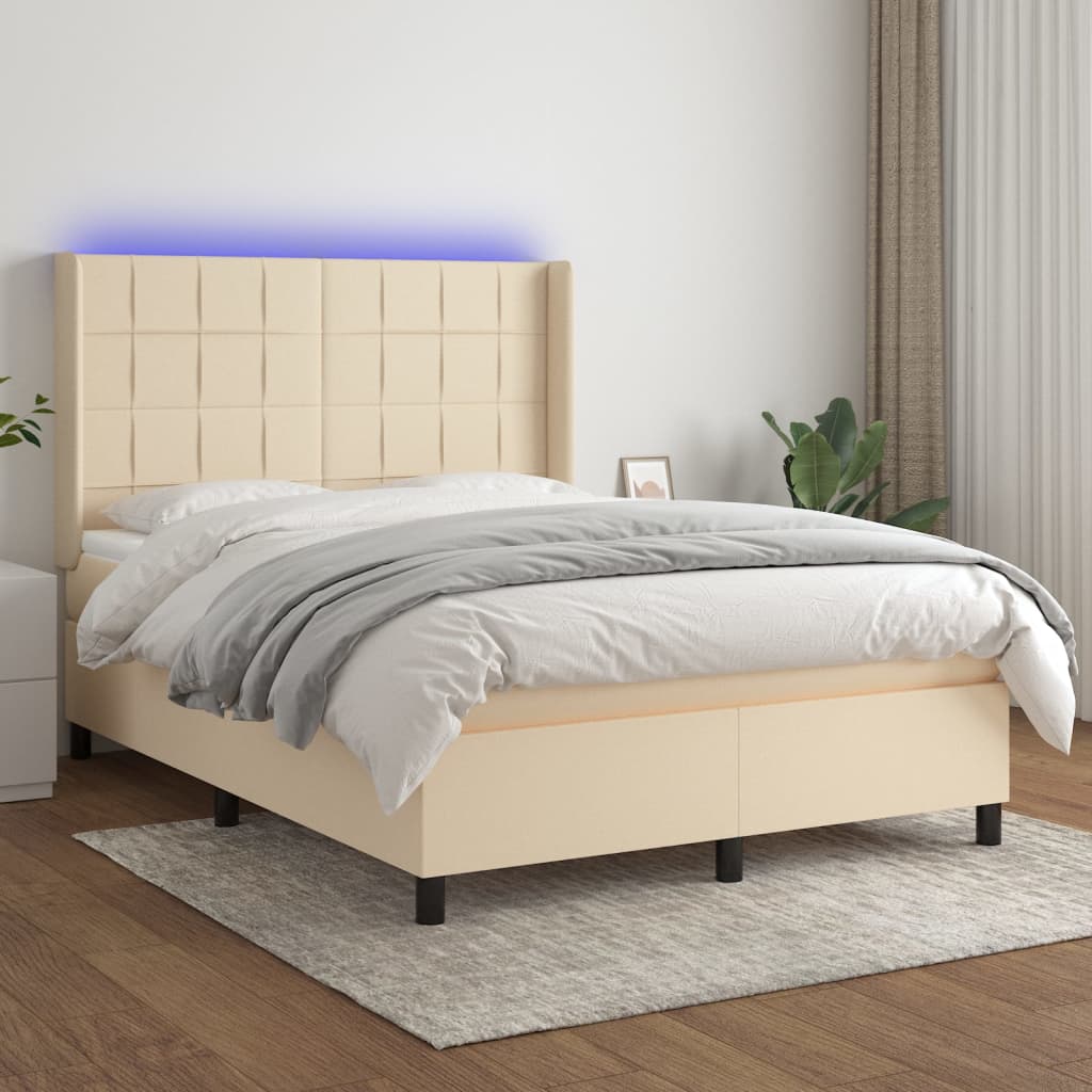 Krevet box spring s madracem LED krem 140x200 cm od tkanine
