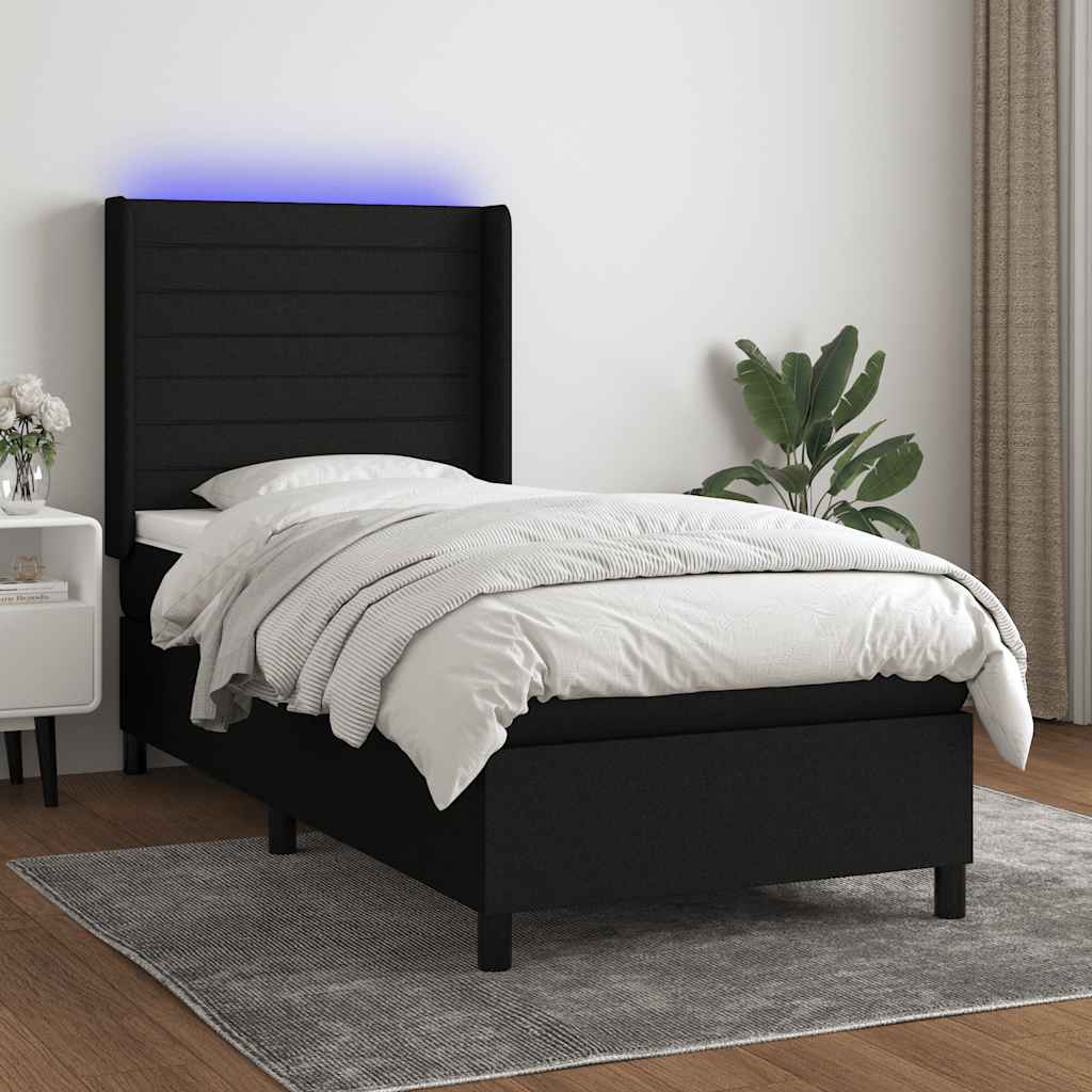 Krevet box spring s madracem LED crni 90x190 cm od tkanine