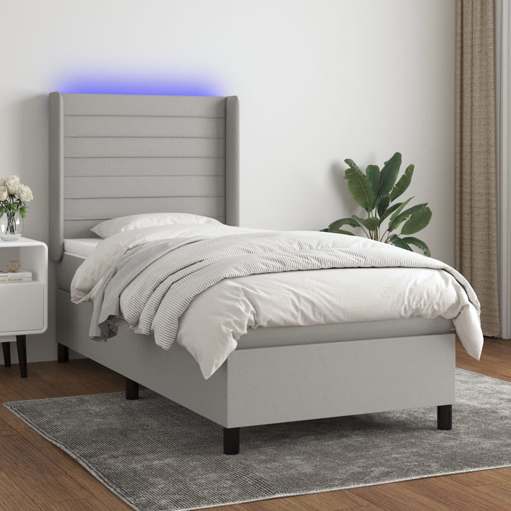 Krevet box spring s madracem LED svjetlosivi 90x200 cm tkanina