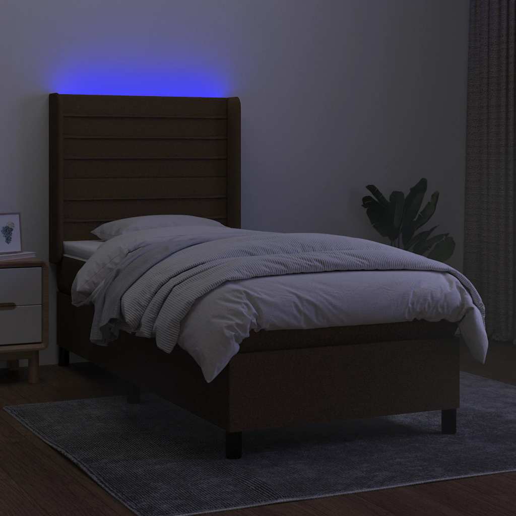 Krevet box spring s madracem LED tamnosmeđi 90x200 cm tkanina
