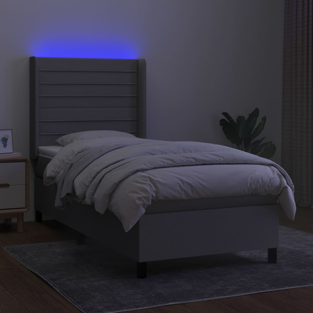 Krevet box spring s madracem LED svjetlosivi 100x200 cm tkanina