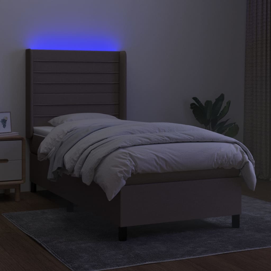 Krevet box spring s madracem LED smeđesivi 100x200 cm tkanina