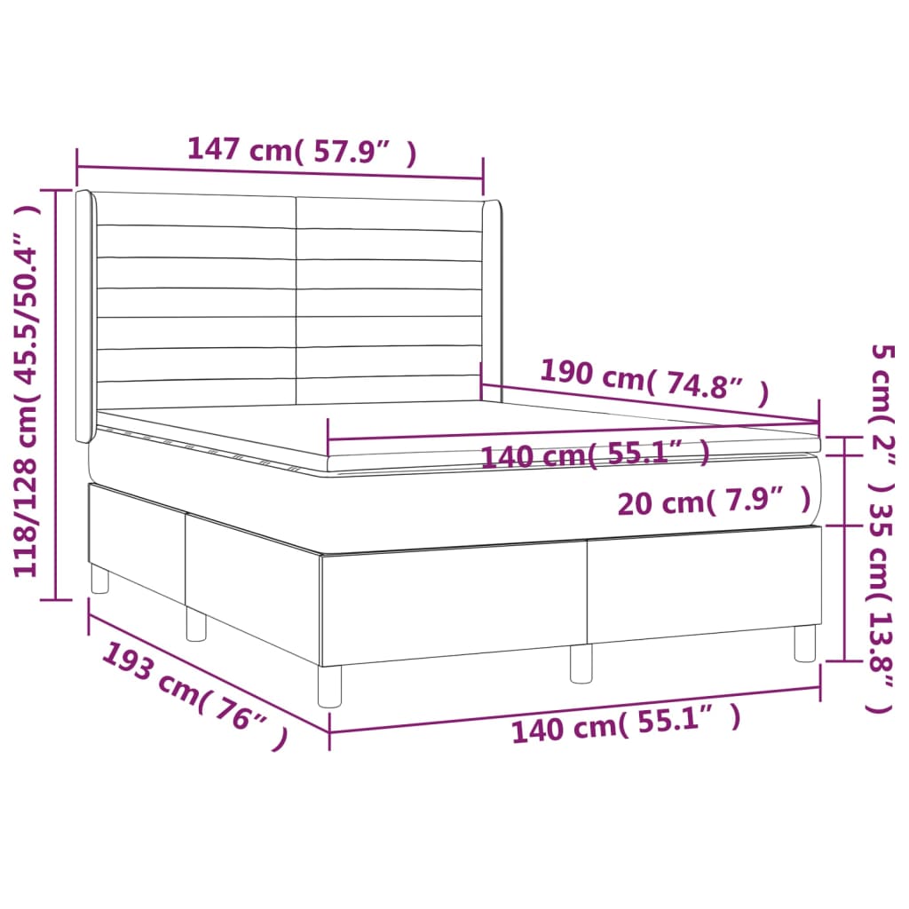 Krevet box spring s madracem LED svjetlosivi 140x190 cm tkanina