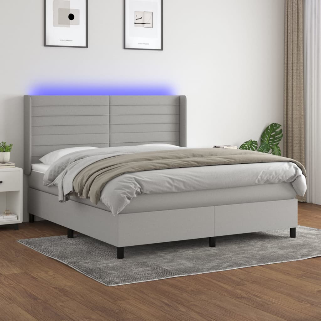 Krevet box spring s madracem LED svjetlosivi 160x200 cm tkanina