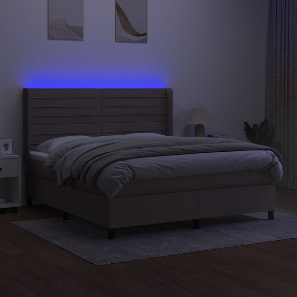 Krevet box spring s madracem LED smeđesivi 160x200 cm tkanina