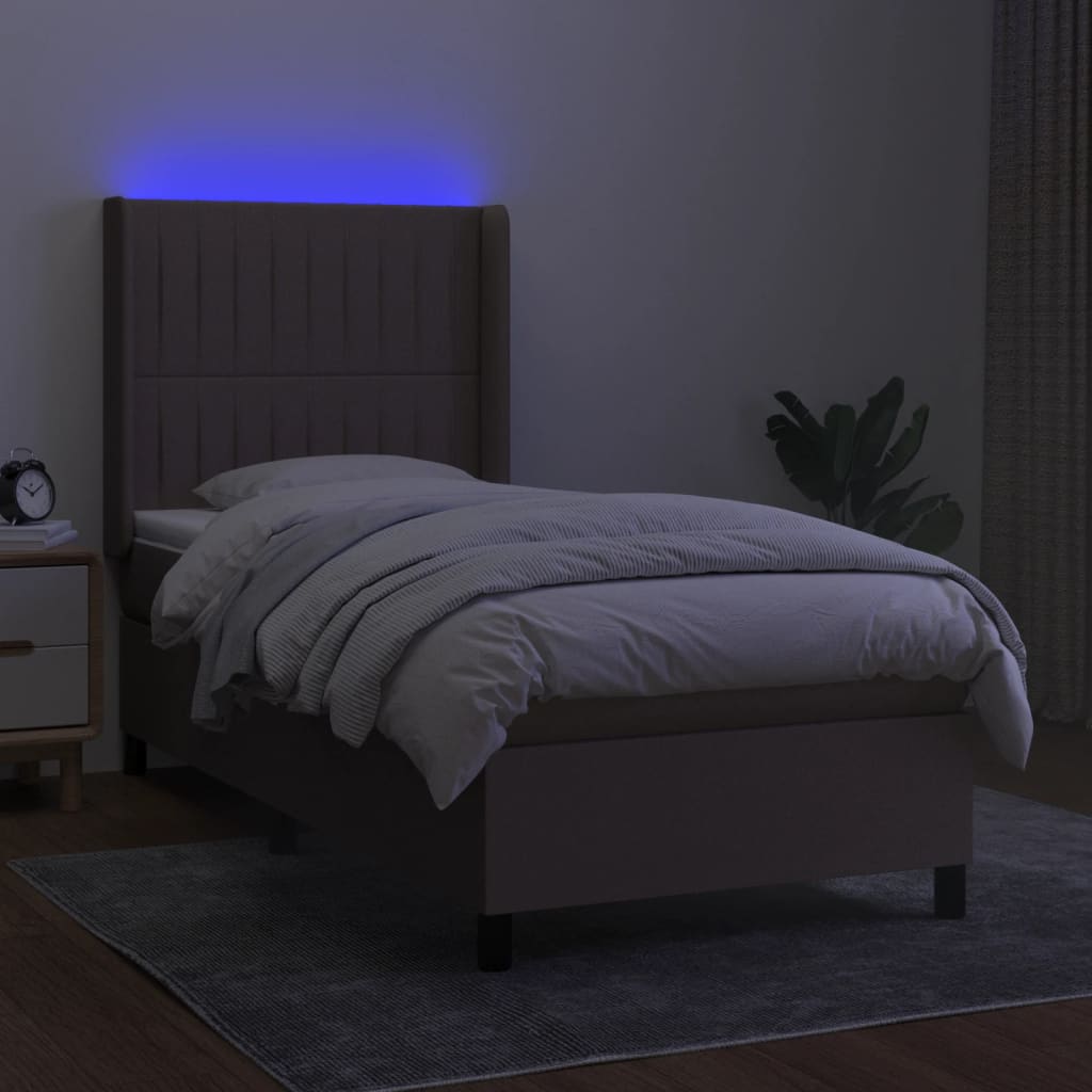 Krevet box spring s madracem LED smeđesivi 90x190 cm tkanina