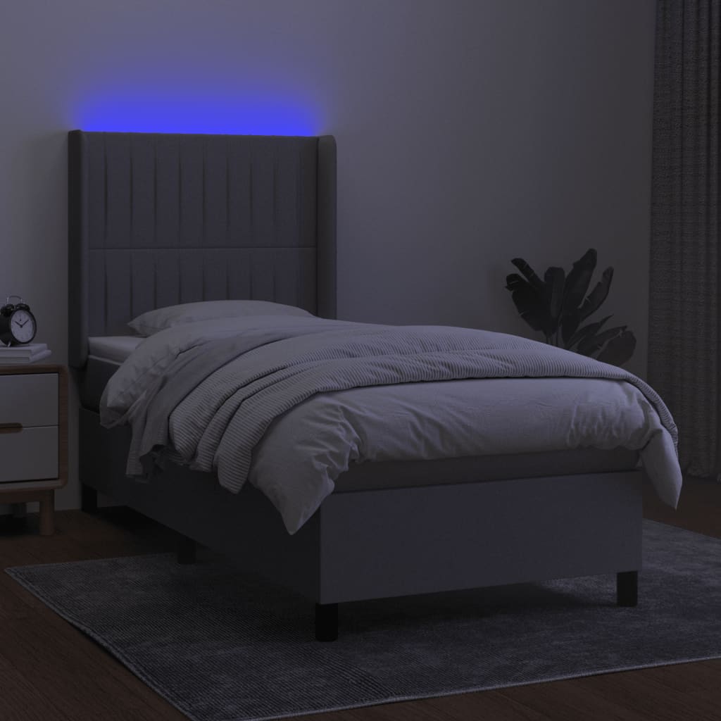 Krevet box spring s madracem LED svjetlosivi 90x200 cm tkanina