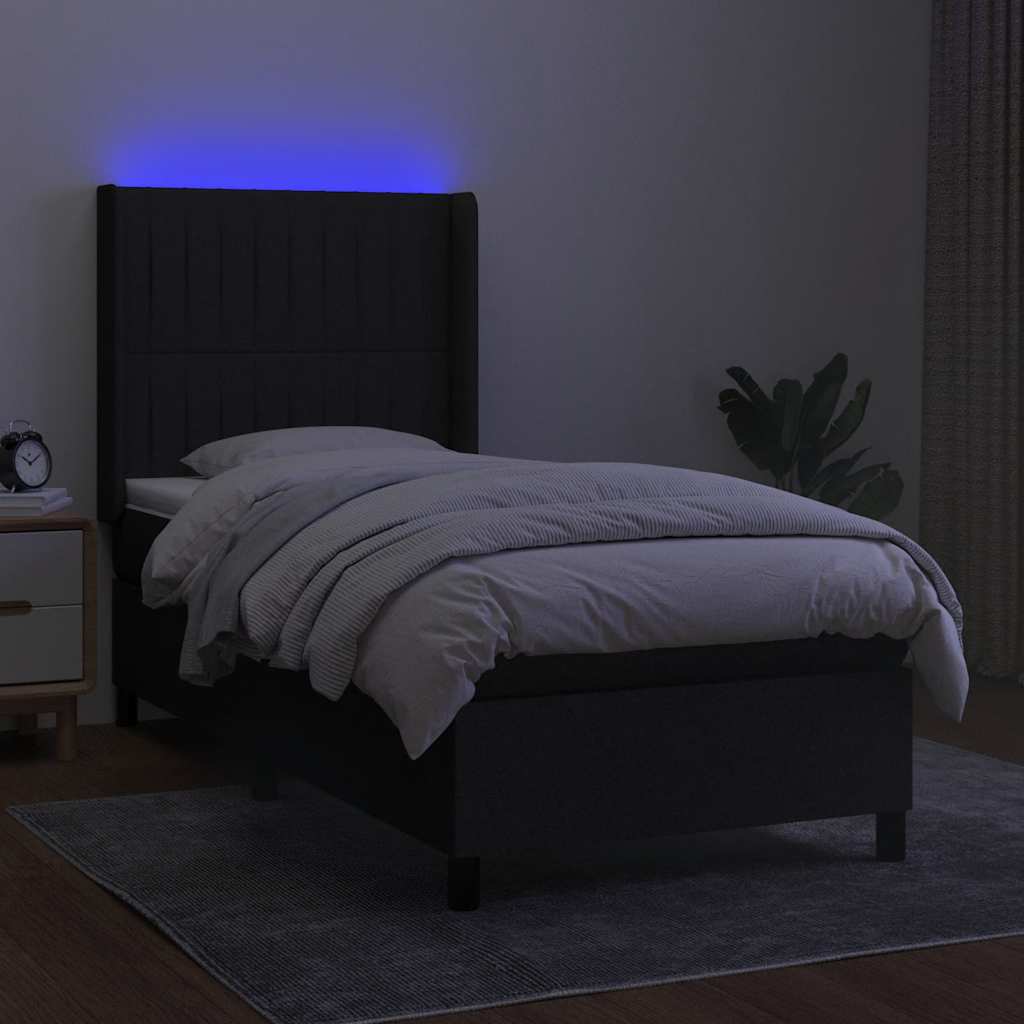 Krevet box spring s madracem LED crni 90x200 cm od tkanine