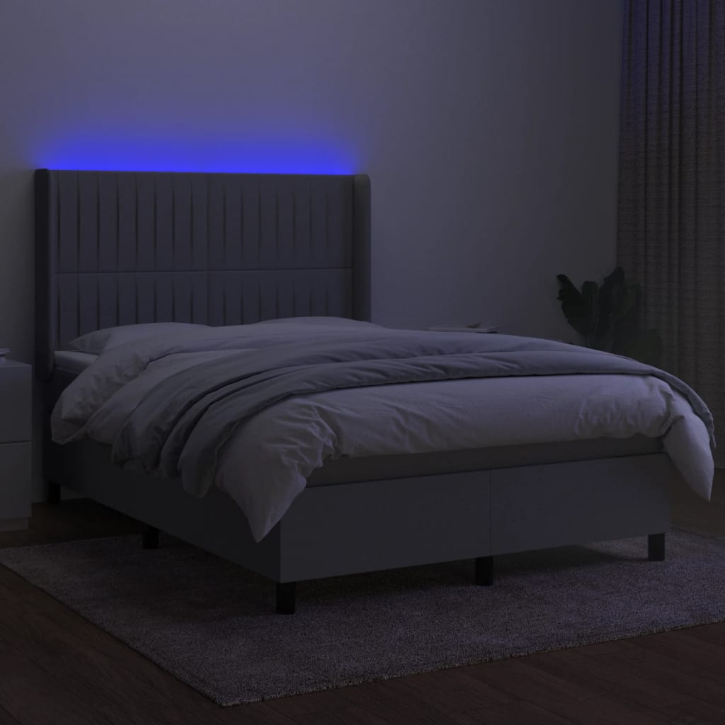 Krevet box spring s madracem LED svjetlosivi 140x190 cm tkanina