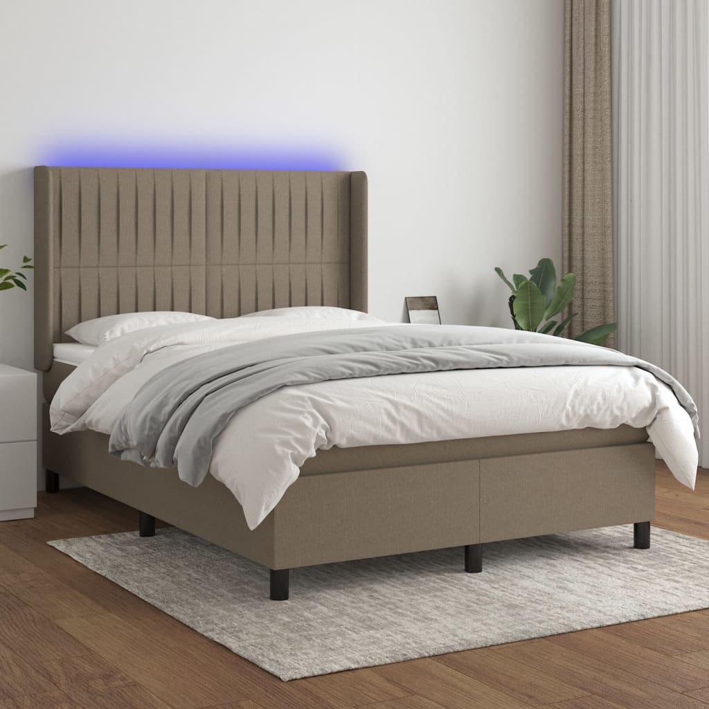 Krevet box spring s madracem LED smeđesivi 140x190 cm tkanina