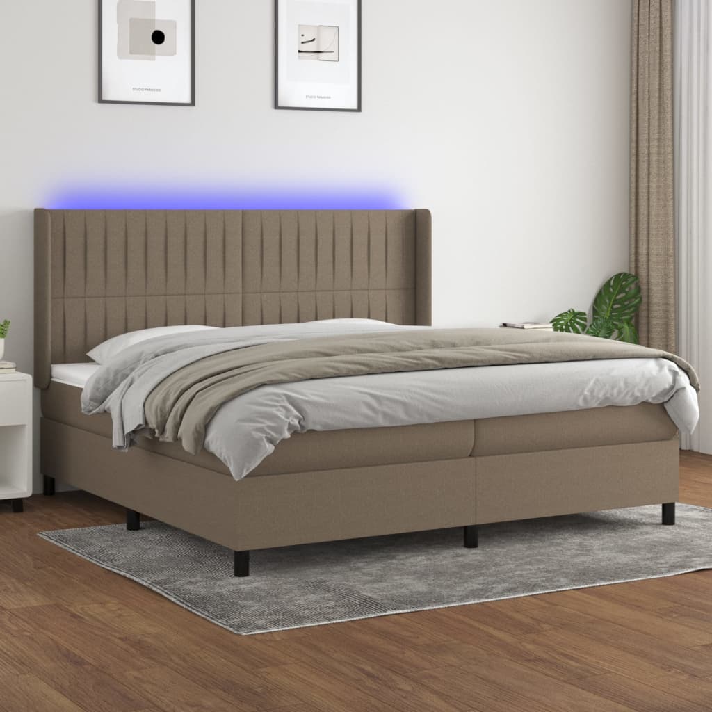 Krevet box spring s madracem LED smeđesivi 200x200 cm tkanina