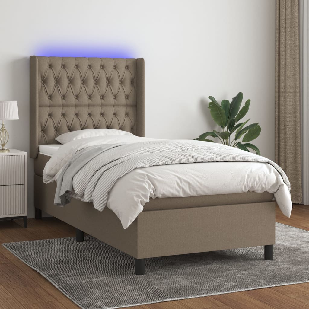 Krevet box spring s madracem LED smeđesivi 90x190 cm tkanina