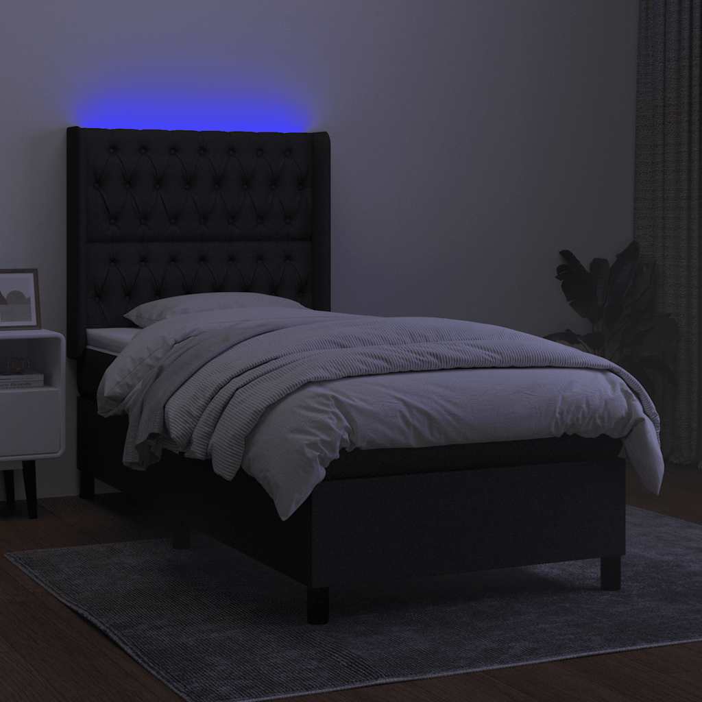 Krevet box spring s madracem LED crni 90x200 cm od tkanine