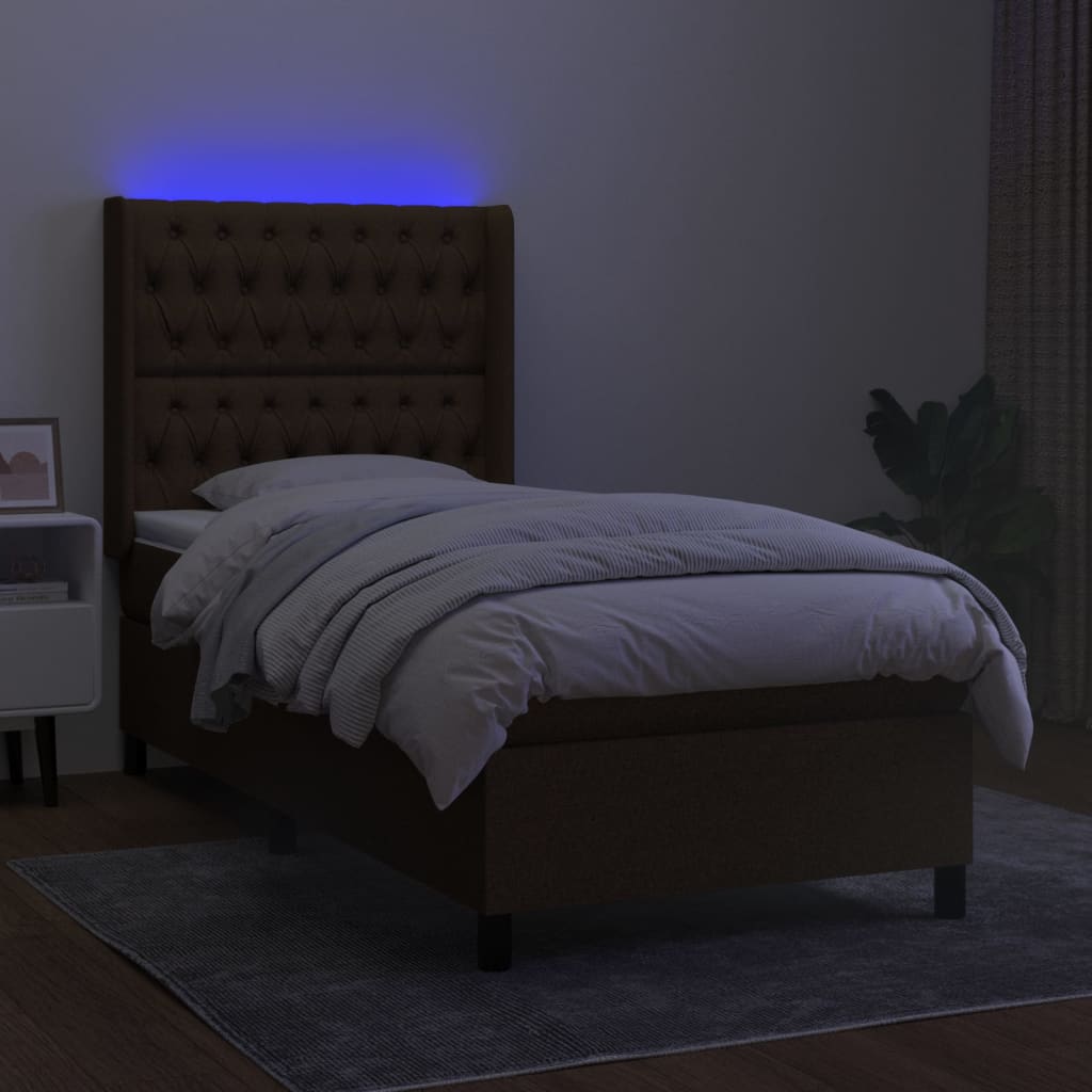 Krevet box spring s madracem LED tamnosmeđi 90x200 cm tkanina
