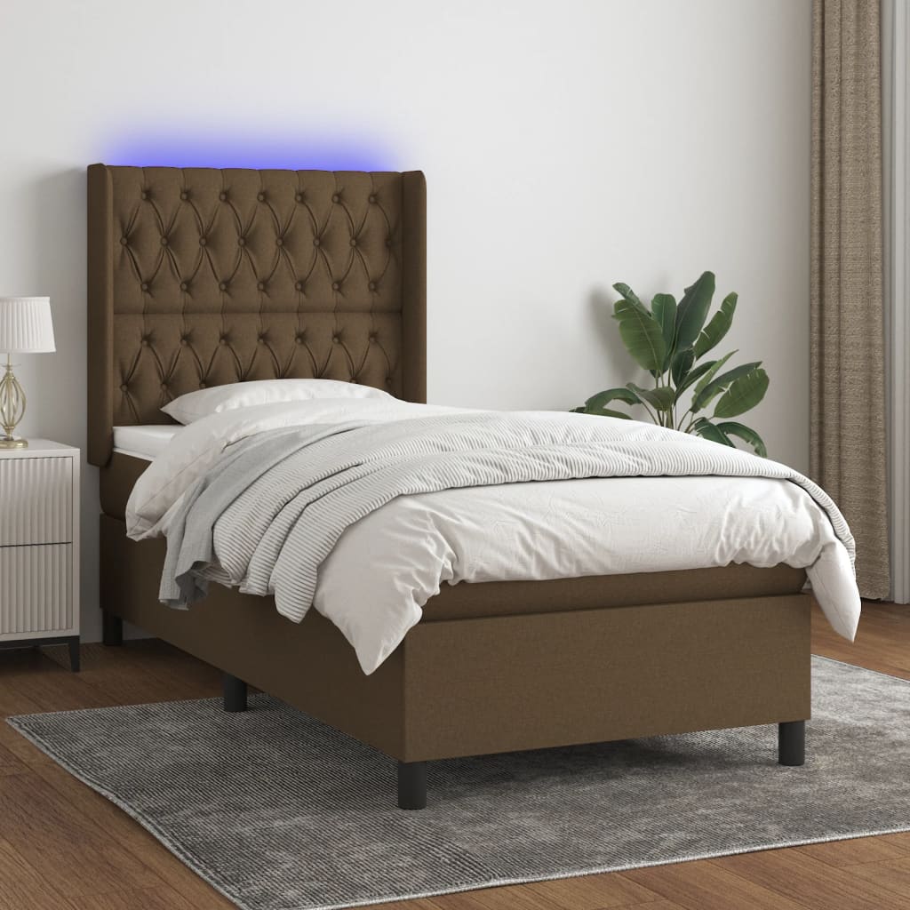 Krevet box spring s madracem LED tamnosmeđi 90x200 cm tkanina