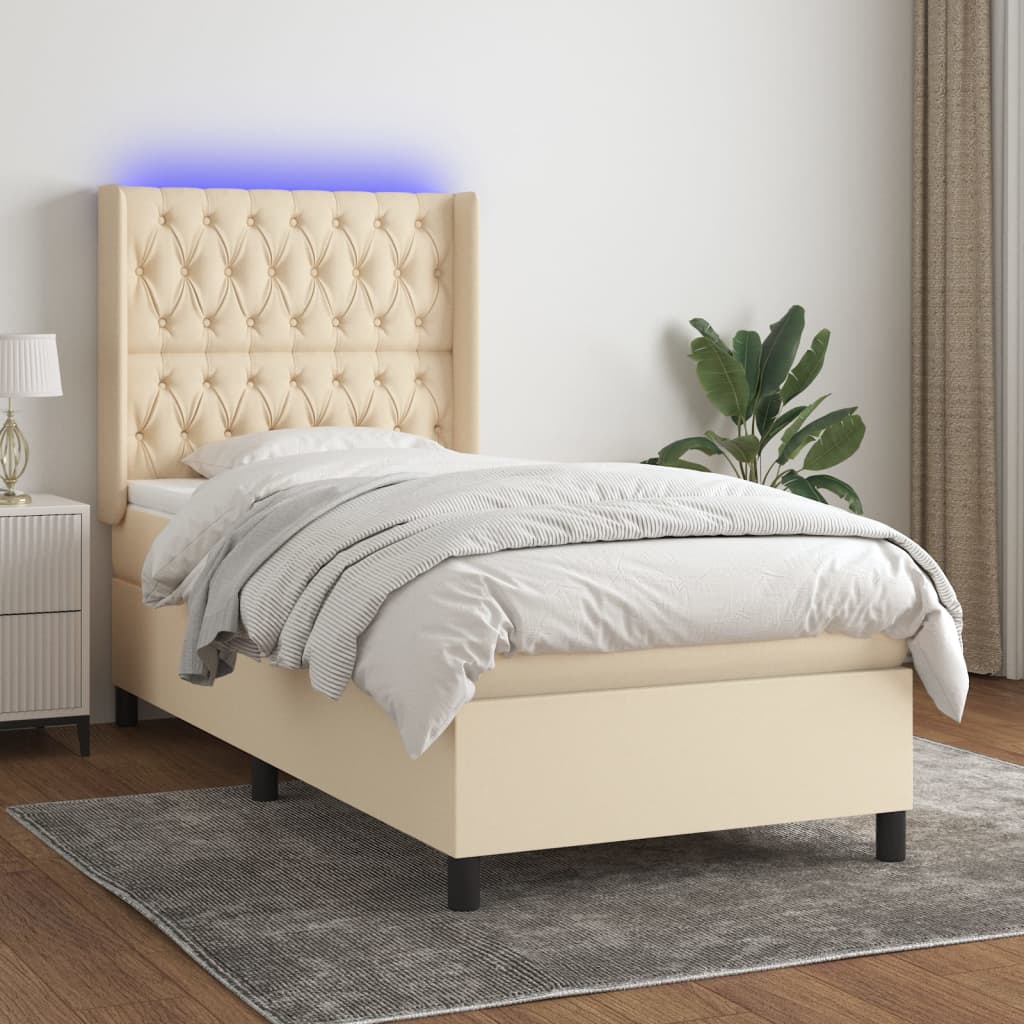 Krevet box spring s madracem LED krem 90x200 cm od tkanine