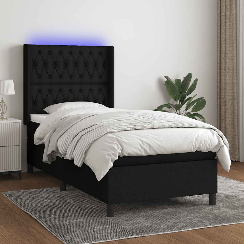 Krevet box spring s madracem LED crni 100x200 cm od tkanine