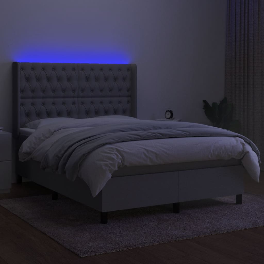 Krevet box spring s madracem LED svjetlosivi 140x200 cm tkanina