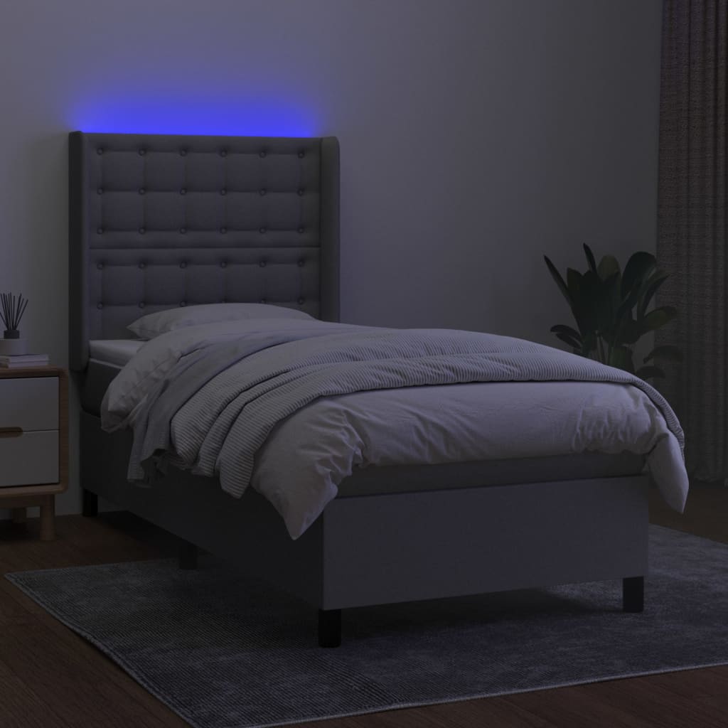 Krevet box spring s madracem LED svjetlosivi 90x190 cm tkanina