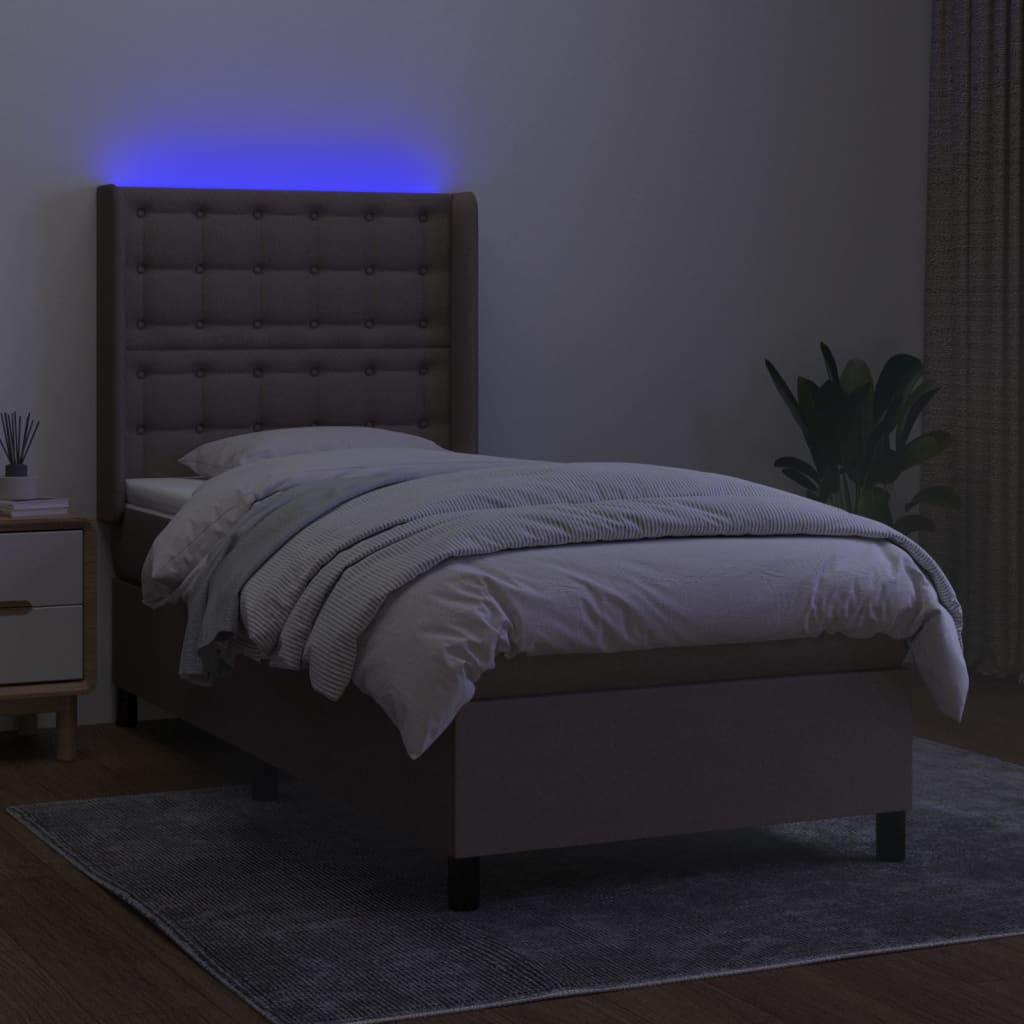Krevet box spring s madracem LED smeđesivi 90x190 cm tkanina