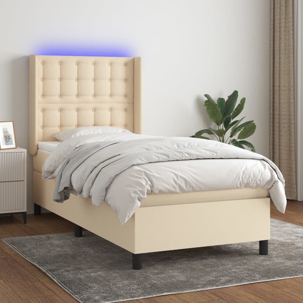 Krevet box spring s madracem LED krem 90x190 cm od tkanine
