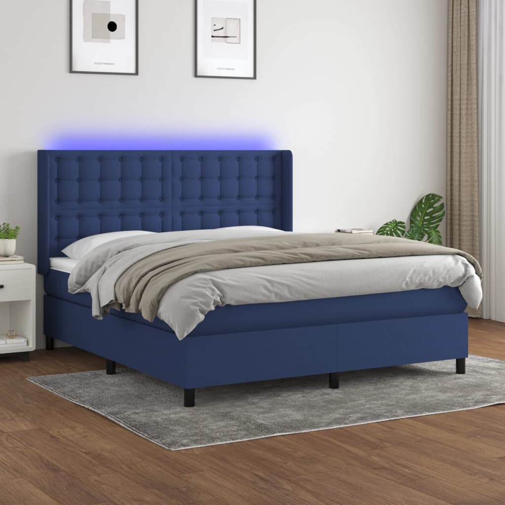 Krevet box spring s madracem LED plavi 180x200 cm od tkanine