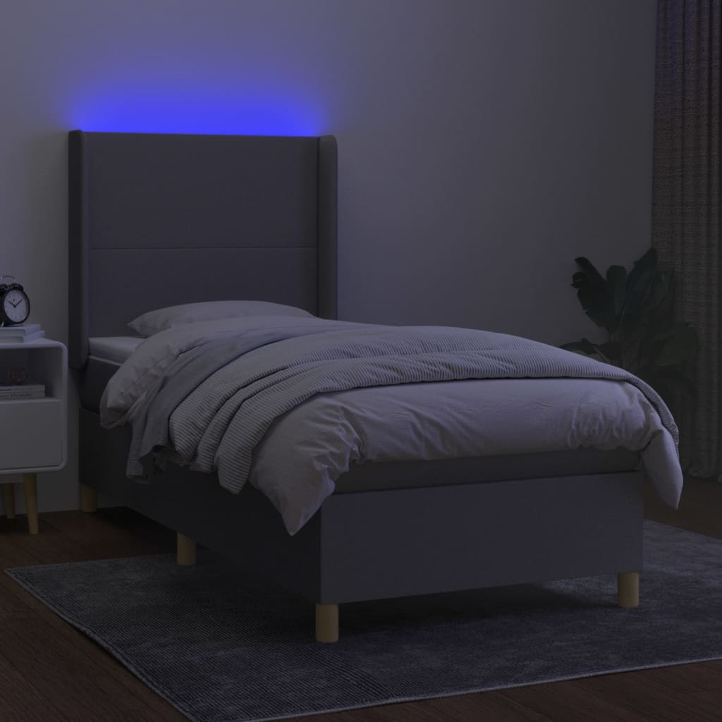 Krevet box spring s madracem LED svjetlosivi 90x190 cm tkanina