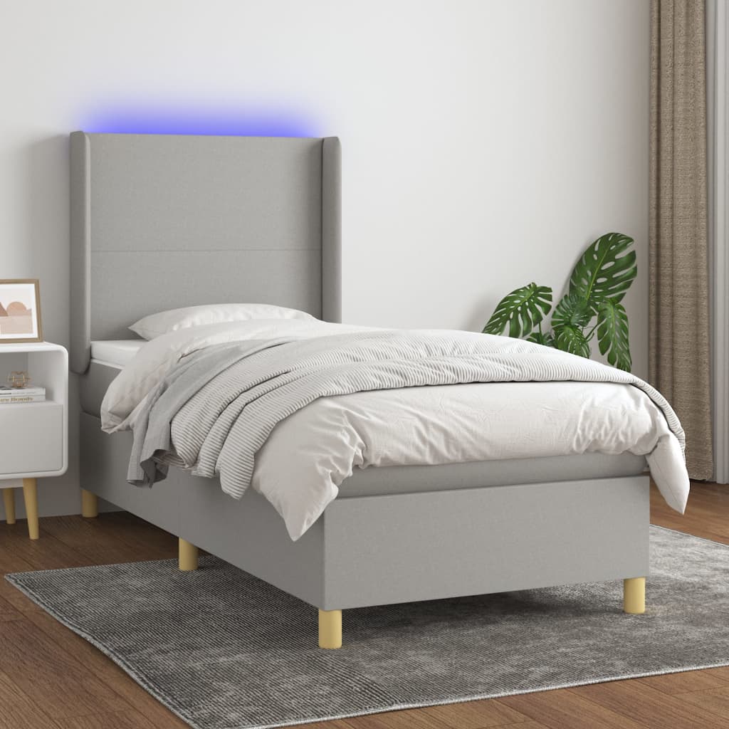 Krevet box spring s madracem LED svjetlosivi 90x190 cm tkanina