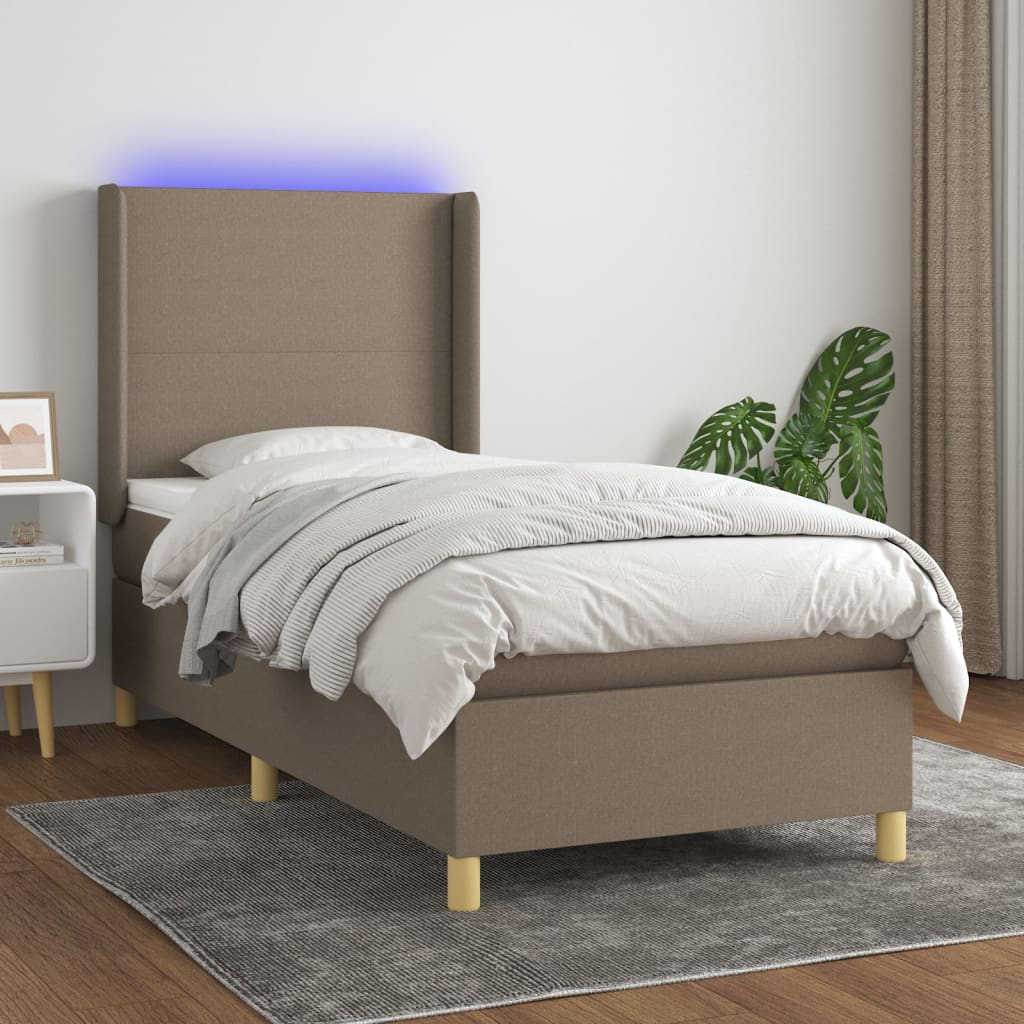Krevet box spring s madracem LED smeđesivi 90x200 cm tkanina