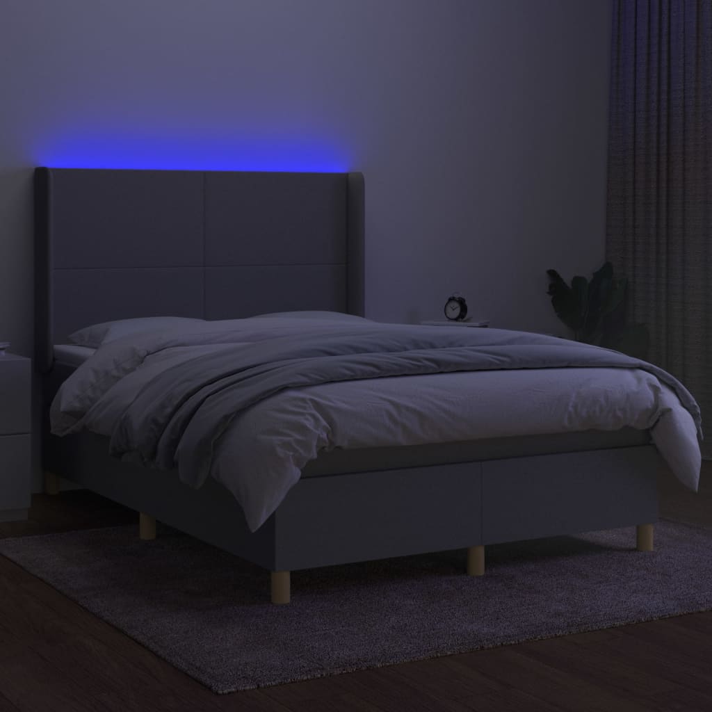 Krevet box spring s madracem LED svjetlosivi 140x200 cm tkanina