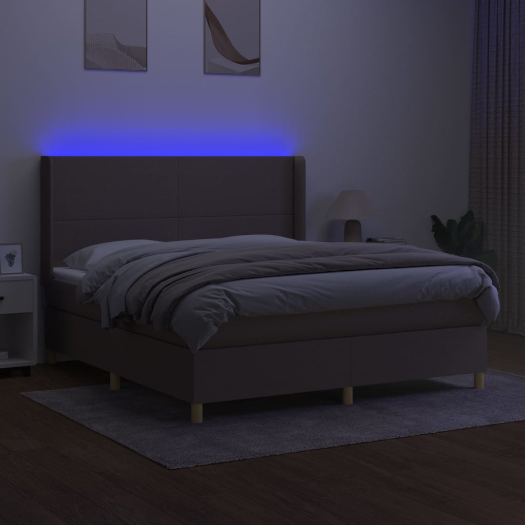 Krevet box spring s madracem LED smeđesivi 180x200 cm tkanina