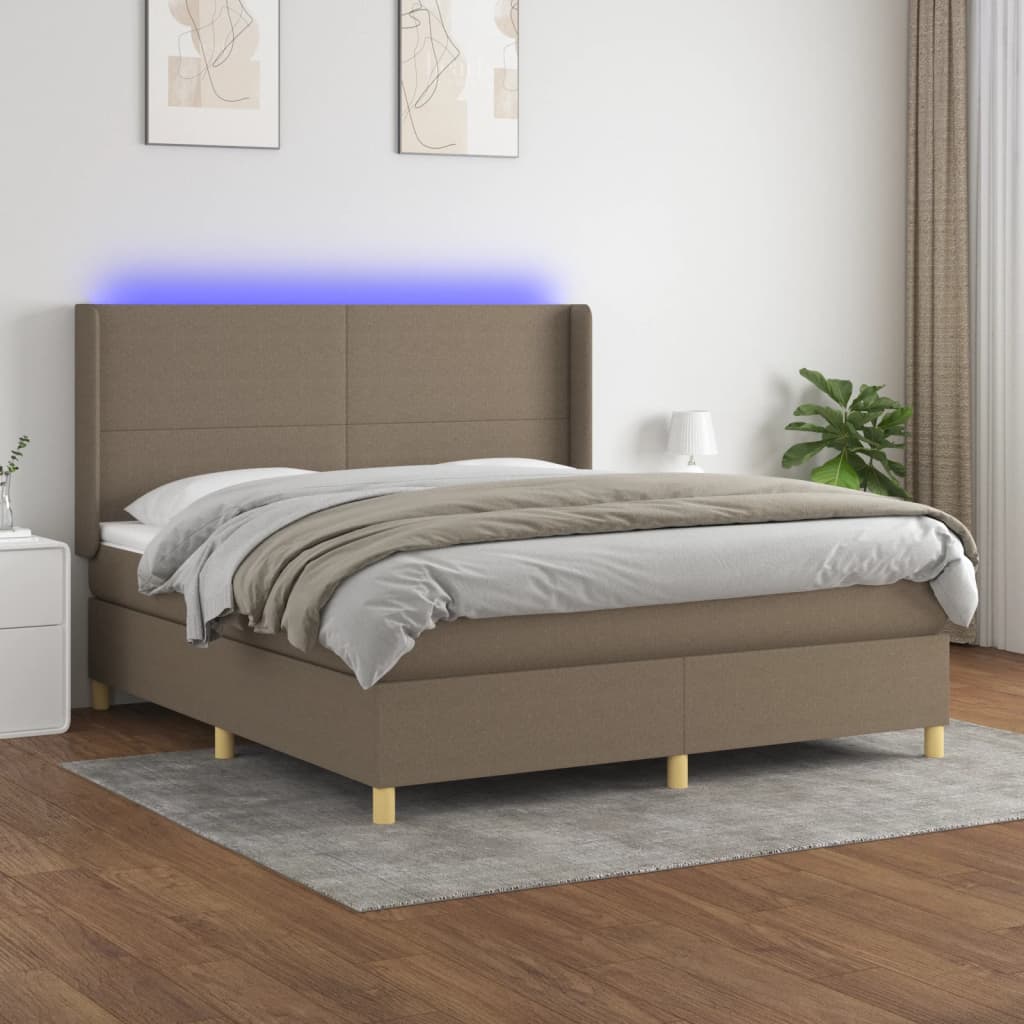 Krevet box spring s madracem LED smeđesivi 180x200 cm tkanina