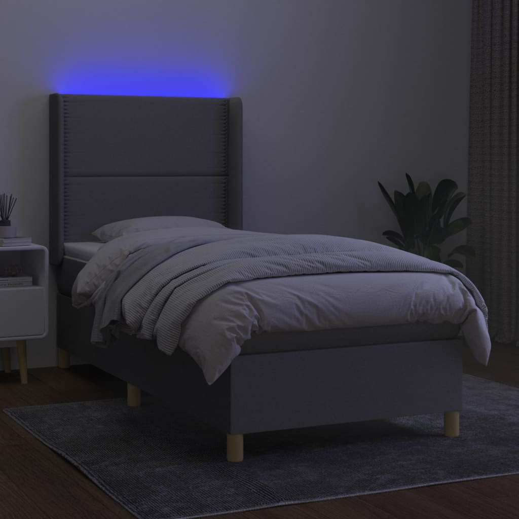 Krevet box spring s madracem LED svjetlosivi 90x200 cm tkanina